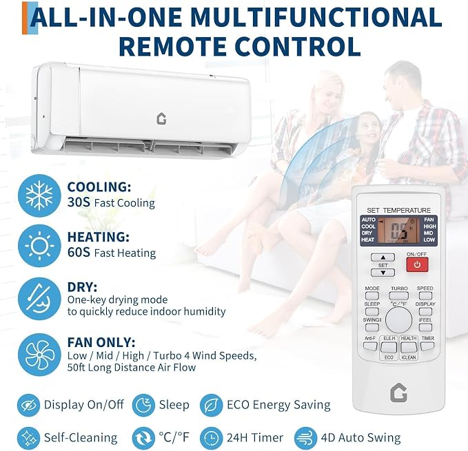 24,000 BTU Mini Split Air Conditioner and Heat Pump, Cools & Heats Up to 1,500 Sq.ft., 230V Inverter AC with WiFi, Alexa