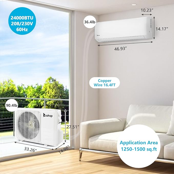 24,000 BTU Mini Split Air Conditioner Inverter, 20 SEER 230V Energy Saving Split-System AC w/Pre-Charged Condenser, Heat