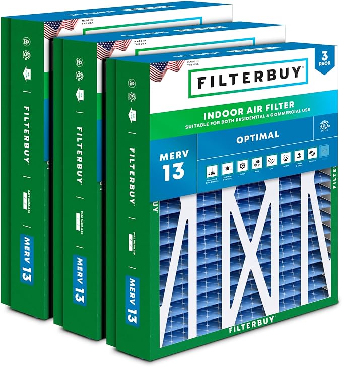 24.5x27x5 Air Filter MERV 13 Optimal Smoke & Allergy Defense (3-Pack), Pleated HVAC AC Furnace Filters for