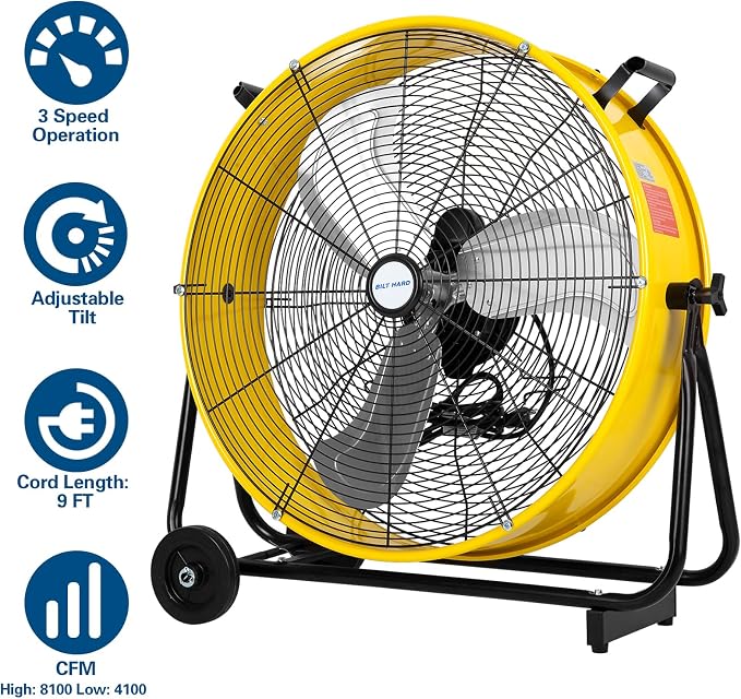 24" 8100 CFM High Velocity Industrial Drum Fan, 3-Speed Heavy Duty Metal Shop Fan for Garage, Warehouse, alternate view 2