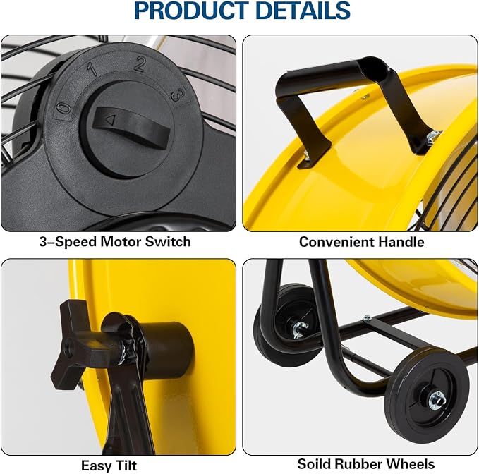 24" 8100 CFM High Velocity Industrial Drum Fan, 3-Speed Heavy Duty Metal Shop Fan for Garage, Warehouse, alternate view 4