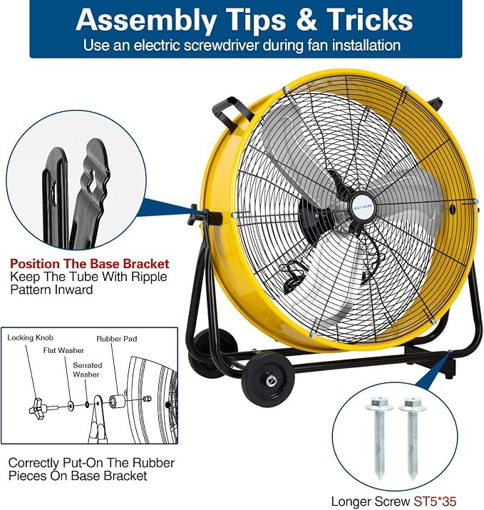 24" 8100 CFM High Velocity Industrial Drum Fan, 3-Speed Heavy Duty Metal Shop Fan for Garage, Warehouse, alternate view 7