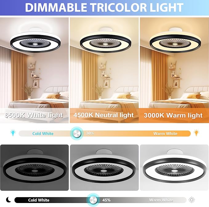 24" Bladeless Ceiling Fan with Light Remote, Low Profile Ceiling Fans with App Control, Smart Modern Ceiling Fans with