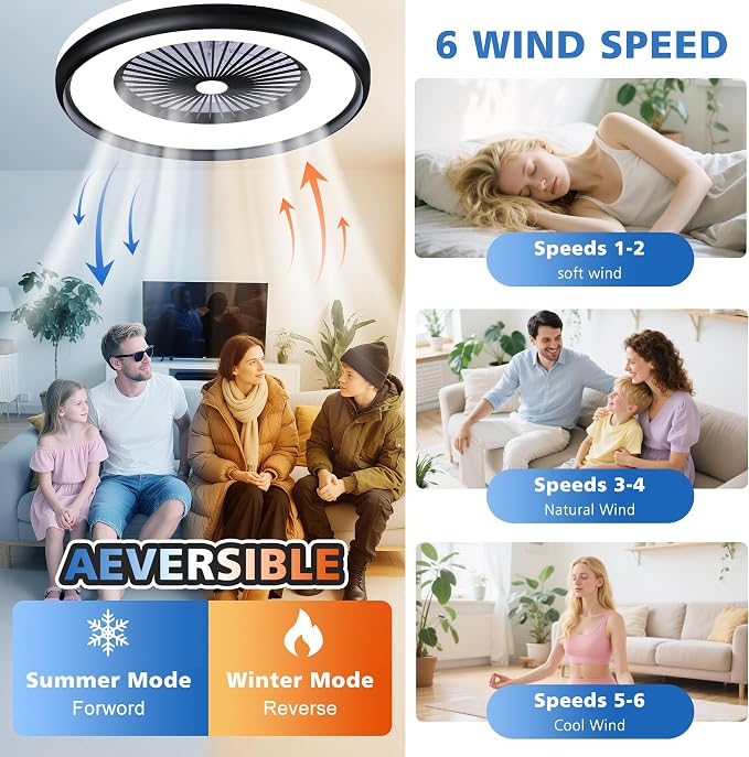 24" Bladeless Ceiling Fan with Light Remote, Low Profile Ceiling Fans with App Control, Smart Modern Ceiling Fans with