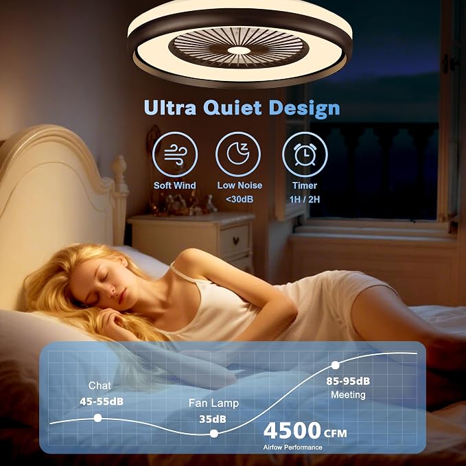 24" Bladeless Ceiling Fan with Light Remote, Low Profile Ceiling Fans with App Control, Smart Modern Ceiling Fans with