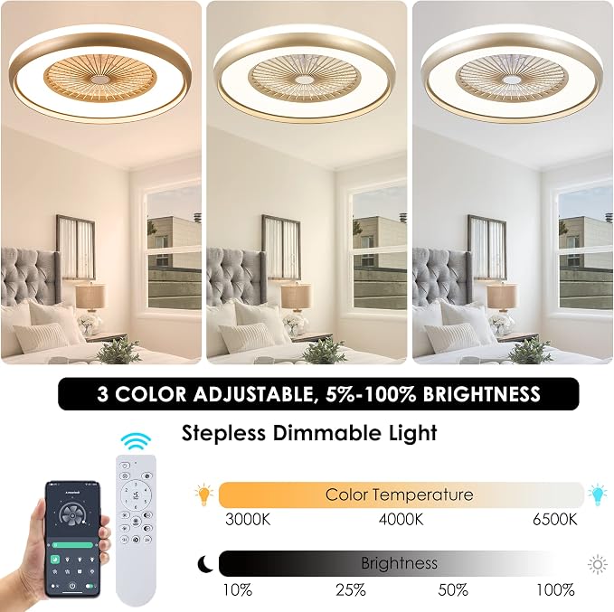 24" Bladeless Ceiling Fan with Light Remote, Smart LED Ceiling Fans with App Control, Modern Low Profile Dimmable Light