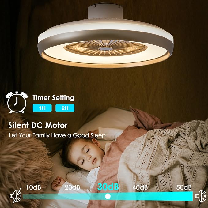 24" Bladeless Ceiling Fan with Light Remote, Smart LED Ceiling Fans with App Control, Modern Low Profile Dimmable Light