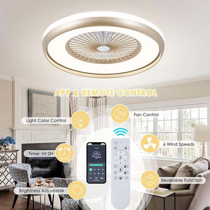 24" Bladeless Ceiling Fan with Light Remote, Smart LED Ceiling Fans with App Control, Modern Low Profile Dimmable Light