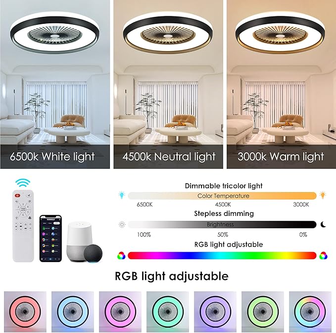 24" Bladeless Ceiling Fan with RGB Light Remote, Smart LED Ceiling Fans with Voice/App Control, Modern Low, alternate view 3