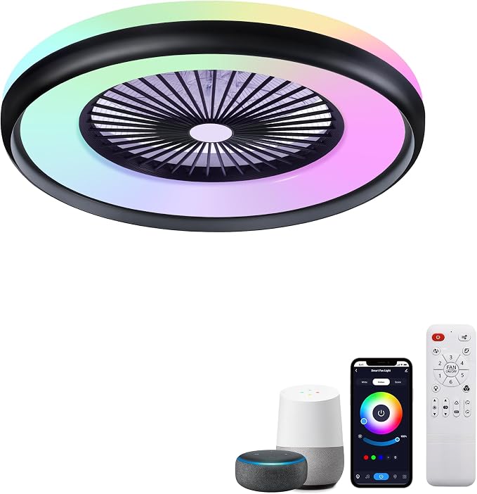 24" Bladeless Ceiling Fans with RGB Light, Low Profile Ceiling Fan with Light, product image