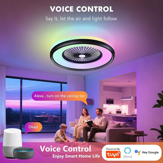 24" Bladeless Ceiling Fans with RGB Light, Low Profile Ceiling Fan with Light, alternate product view 2