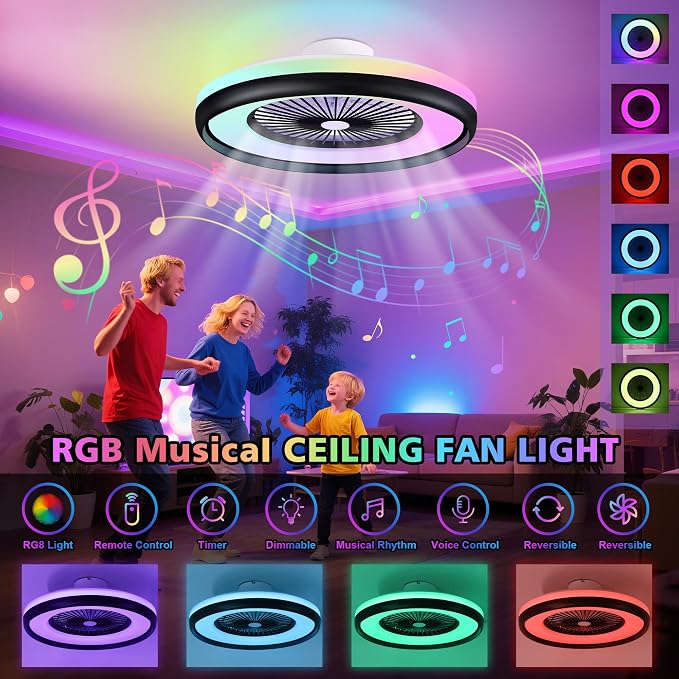 24" Bladeless Ceiling Fans with RGB Light, Low Profile Ceiling Fan with Light, alternate product view 3