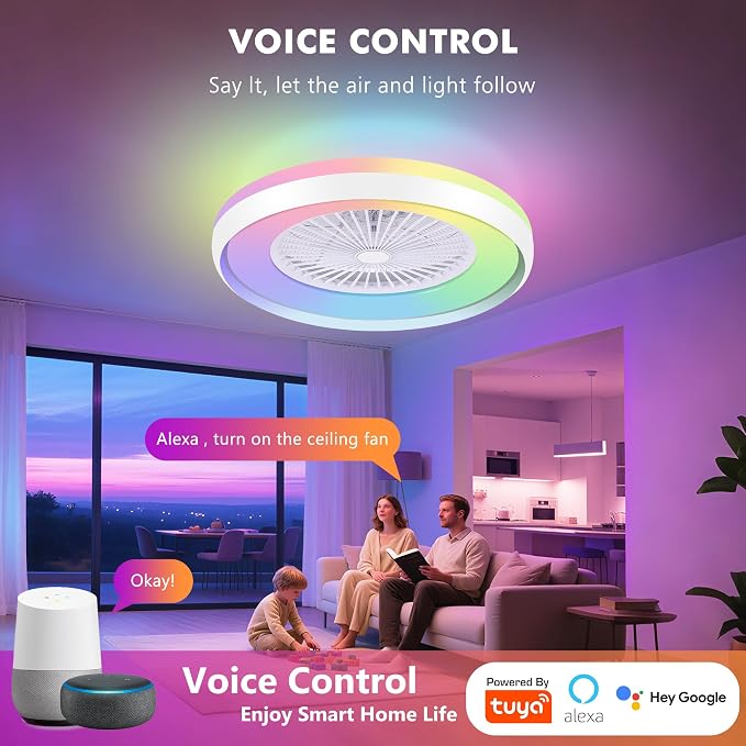 24" Bladeless Ceiling Fans with RGB Light, Low Profile Ceiling Fan with Light, alternate product view 2