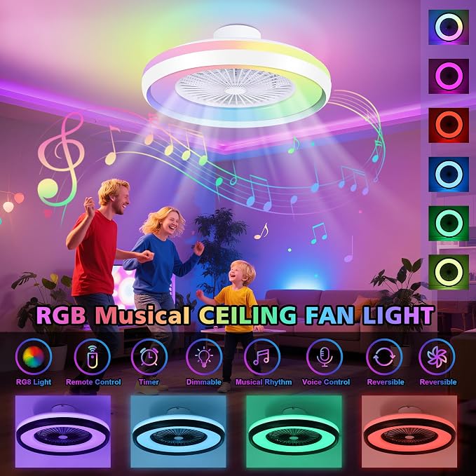 24" Bladeless Ceiling Fans with RGB Light, Low Profile Ceiling Fan with Light, alternate product view 3