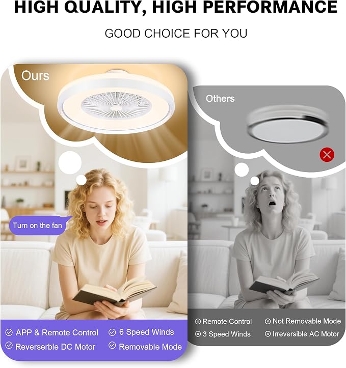 24" Bladeless Ceiling Fans with RGB Light, Low Profile Ceiling Fan with Light, alternate product view 8