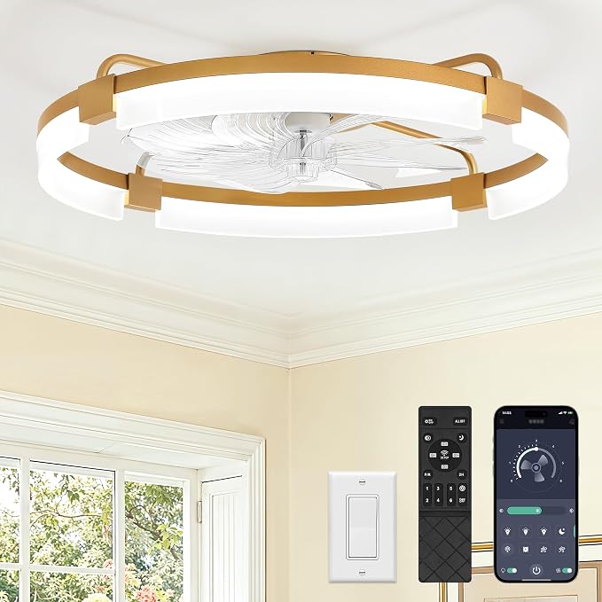 24" Ceiling Fans with Lights and Remote, Modern Low Profile Ceiling Fan, 3 CCT, Stepless Dimmable, Fandelier Flush Mount Fan