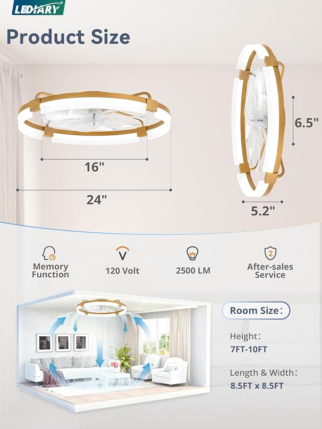 24" Ceiling Fans with Lights and Remote, Modern Low Profile Ceiling Fan, 3 CCT, Stepless Dimmable, Fandelier Flush Mount Fan