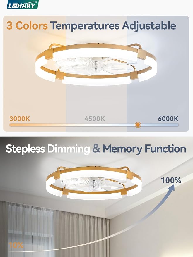 24" Ceiling Fans with Lights and Remote, Modern Low Profile Ceiling Fan, 3 CCT, Stepless Dimmable, Fandelier Flush Mount Fan