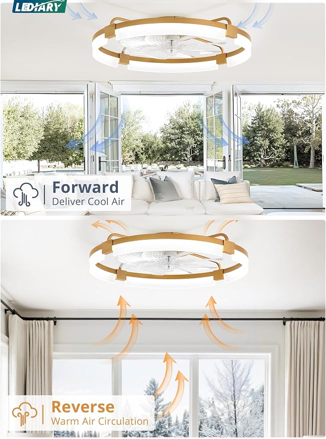 24" Ceiling Fans with Lights and Remote, Modern Low Profile Ceiling Fan, 3 CCT, Stepless Dimmable, Fandelier Flush Mount Fan