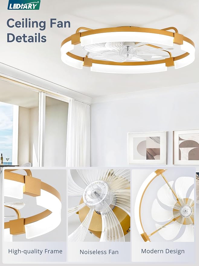 24" Ceiling Fans with Lights and Remote, Modern Low Profile Ceiling Fan, 3 CCT, Stepless Dimmable, Fandelier Flush Mount Fan