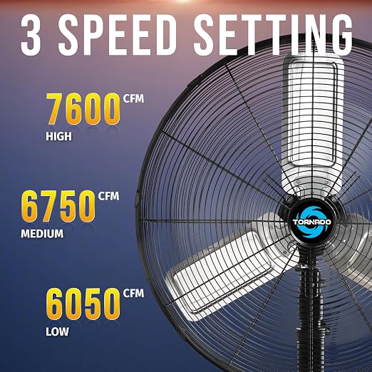24" Heavy Duty High Velocity Pedestal Fan, 3 Speed, 7600 CFM, 1/4 HP, Ideal for Commercial & Industrial Spaces, UL Listed