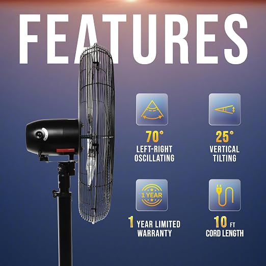 24" Heavy Duty High Velocity Pedestal Fan, 3 Speed, 7600 CFM, 1/4 HP, Ideal for Commercial & Industrial Spaces, UL Listed