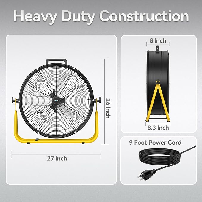 24" High Velocity Industrial Drum Fan, 8500 CFM 3-Speed Heavy Duty Metal Black Shop Fan for Warehouse, Workshops, Garage