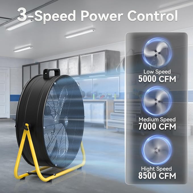 24" High Velocity Industrial Drum Fan, 8500 CFM 3-Speed Heavy Duty Metal Black Shop Fan for Warehouse, Workshops, Garage