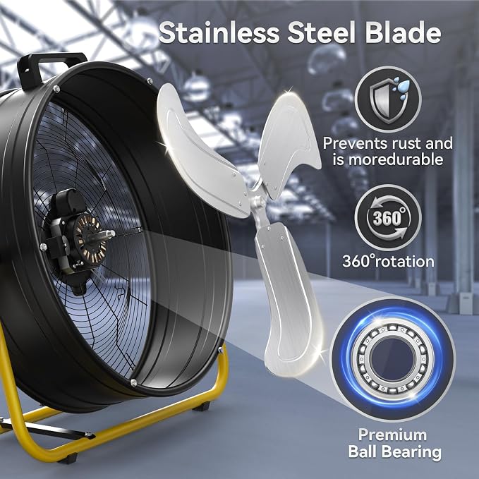 24" High Velocity Industrial Drum Fan, 8500 CFM 3-Speed Heavy Duty Metal Black Shop Fan for Warehouse, Workshops, Garage