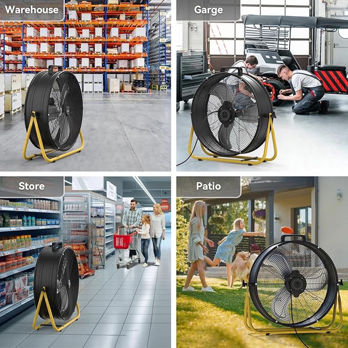 24" High Velocity Industrial Drum Fan, 8500 CFM 3-Speed Heavy Duty Metal Black Shop Fan for Warehouse, Workshops, Garage