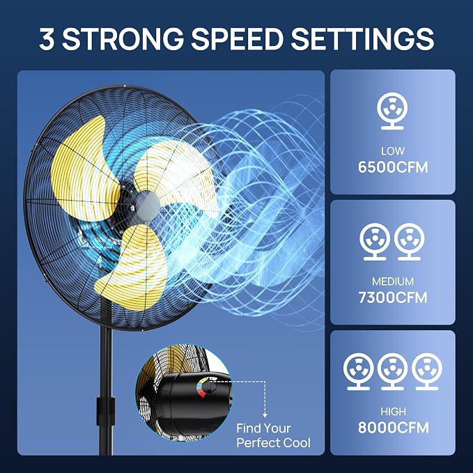 24" High Velocity Outdoor Pedestal Fan Oscillating, 8000CFM Industrial Standing Fan Heavy Duty, 3-Speed, Adjustable Height