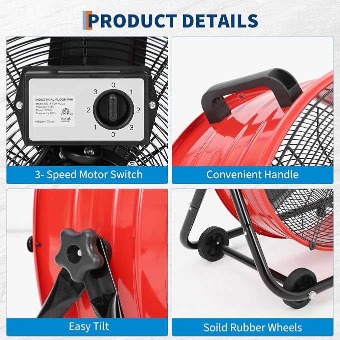 24 in Industrial Floor Fan, Heavy Duty Industrial Floor Fan with Adjustable 3 Speed 4800-8800 CFM Cooling, for Industrial