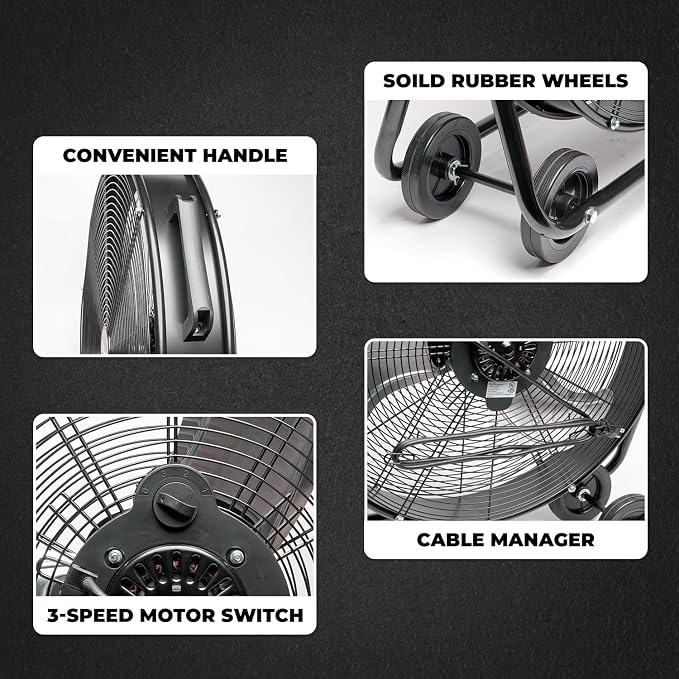 24 inch 3-Speed High-Velocity Floor Fan 6990 CFM Flow Rolling Drum Shop Fan Garage Adjustable Speed, 2-Pack, alternate