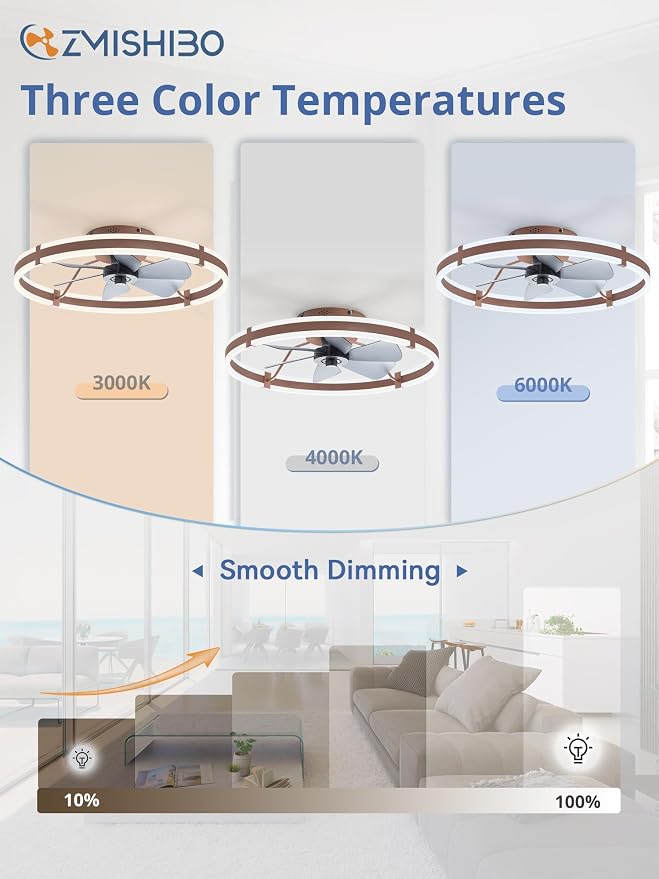 24 Inch Ceiling Fans with Lights and Remote, Modern Low Profile Ceiling Fan, 3000-6000K Dimmable Flush Mount LED, alternate