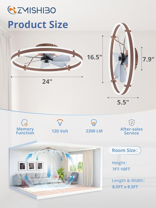 24 Inch Ceiling Fans with Lights and Remote, Modern Low Profile Ceiling Fan, 3000-6000K Dimmable Flush Mount LED, alternate