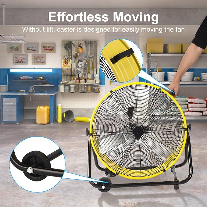 24 Inch Heavy Duty Industrial Drum Fan, 320W High Velocity Floor Fan with 3 Speeds, 360° Tilt Metal Garage Fan for Warehouse