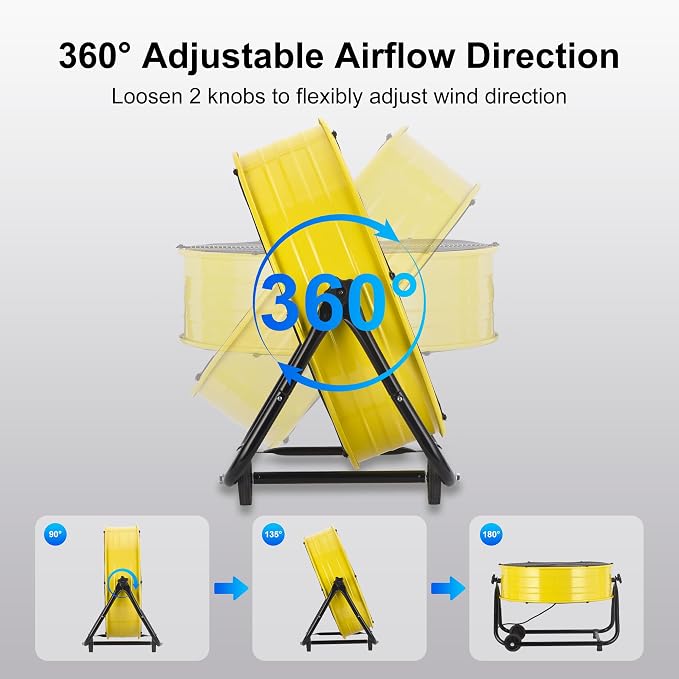 24 Inch Heavy Duty Industrial Drum Fan, 320W High Velocity Floor Fan with 3 Speeds, 360° Tilt Metal Garage Fan for Warehouse
