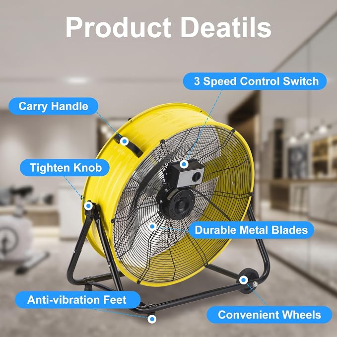 24 Inch Heavy Duty Industrial Drum Fan, 320W High Velocity Floor Fan with 3 Speeds, 360° Tilt Metal Garage Fan for Warehouse