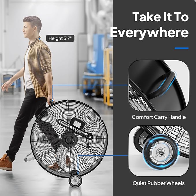 24 Inch High Velocity Drum Fan, 9500CFM Industrial Metal Floor Fan with Handle, Heavy Duty, 3-Speed, Air, alternate view 3