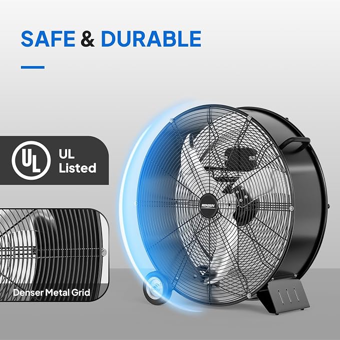24 Inch High Velocity Drum Fan, 9500CFM Industrial Metal Floor Fan with Handle, Heavy Duty, 3-Speed, Air, alternate view 4