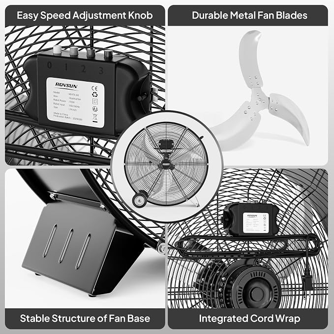 24 Inch High Velocity Drum Fan, 9500CFM Industrial Metal Floor Fan with Handle, Heavy Duty, 3-Speed, Air, alternate view 5