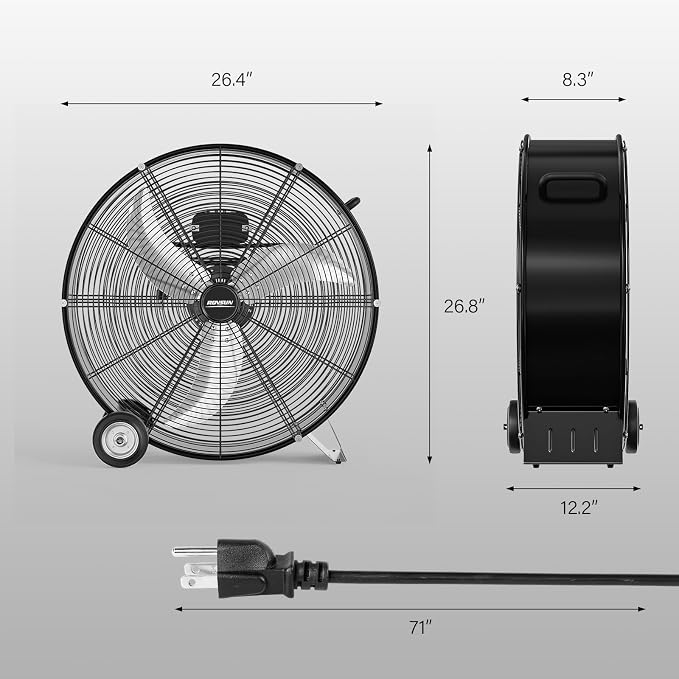 24 Inch High Velocity Drum Fan, 9500CFM Industrial Metal Floor Fan with Handle, Heavy Duty, 3-Speed, Air, alternate view 6