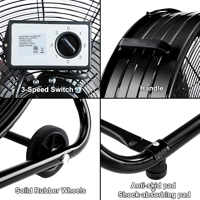 24 Inch High Velocity Heavy Duty Industrial Fan with 3-Speed Adjustment Up to 8100 CFM, Large Fan Floor For Factory
