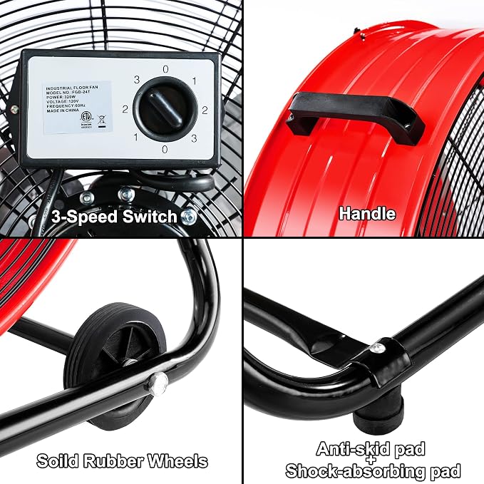 24 Inch High Velocity Industrial Fan, Heavy Duty Floor Fan with 3-Speed Adjustment Up to 8100 CFM, Large Drum, alternate view