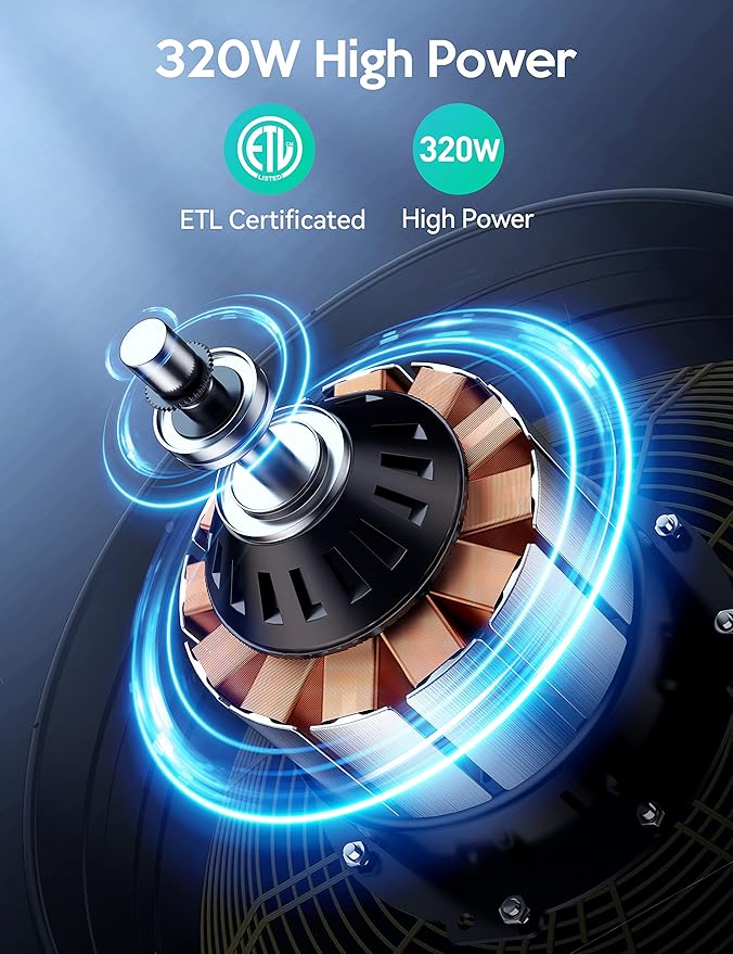 24 Inch Industrial Drum Fan, 320W High Velocity Floor Fan, 3 Speed Heavy Duty Metal Air Circulator, 360° Tilt with Casters