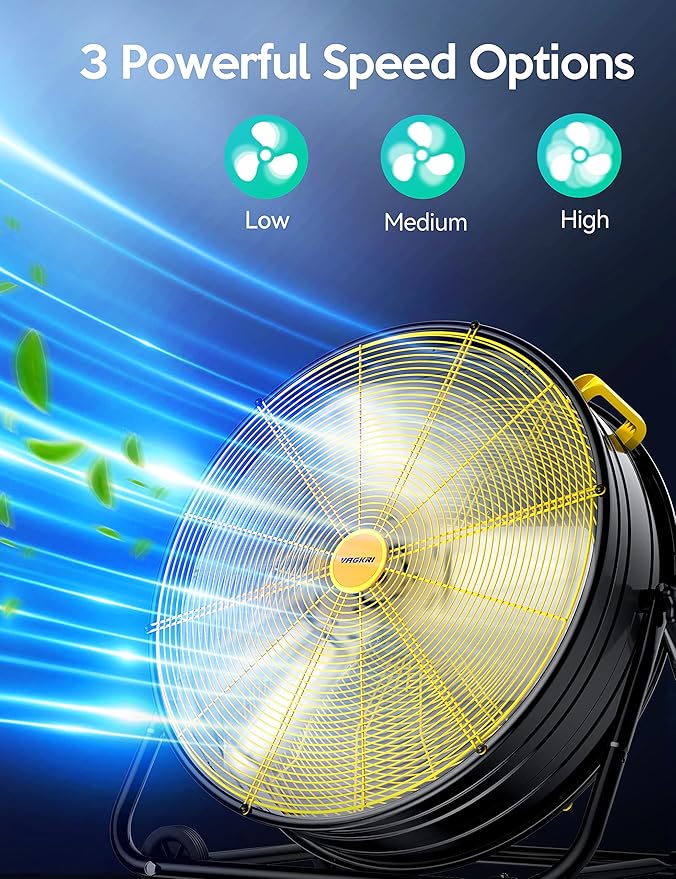 24 Inch Industrial Drum Fan, 320W High Velocity Floor Fan, 3 Speed Heavy Duty Metal Air Circulator, 360° Tilt with Casters
