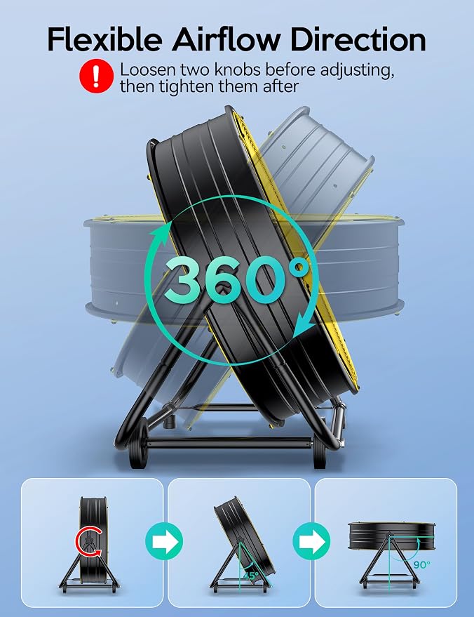24 Inch Industrial Drum Fan, 320W High Velocity Floor Fan, 3 Speed Heavy Duty Metal Air Circulator, 360° Tilt with Casters