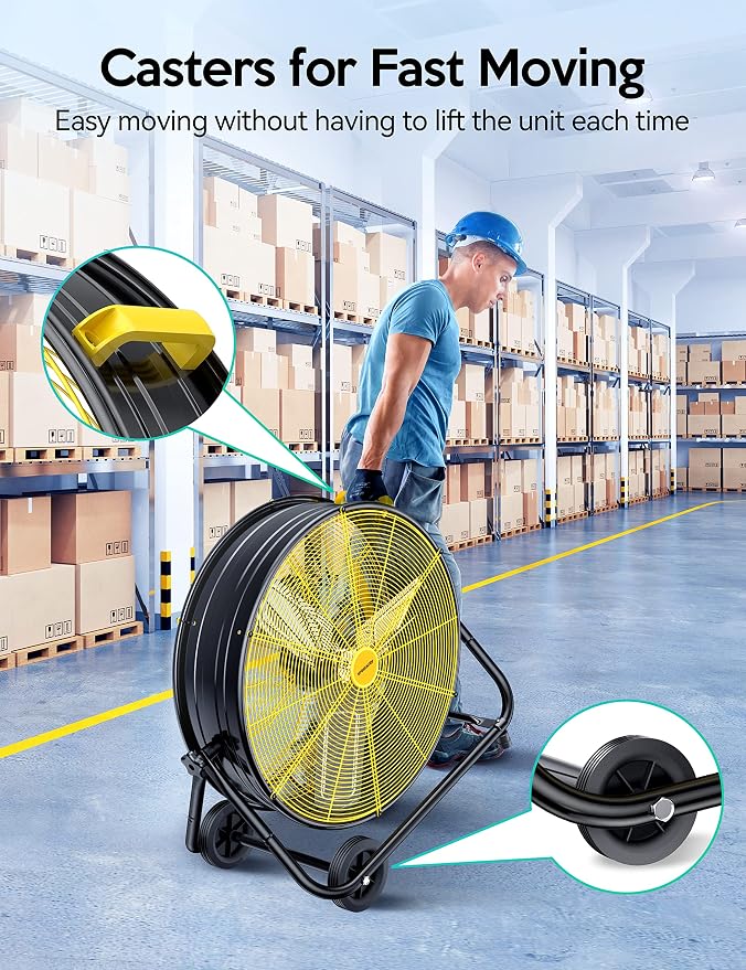 24 Inch Industrial Drum Fan, 320W High Velocity Floor Fan, 3 Speed Heavy Duty Metal Air Circulator, 360° Tilt with Casters