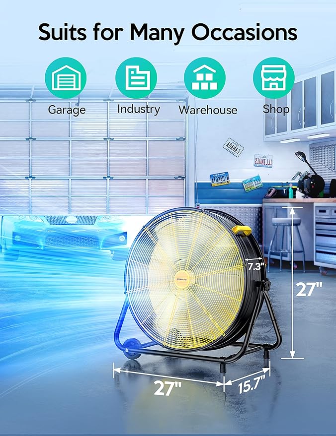 24 Inch Industrial Drum Fan, 320W High Velocity Floor Fan, 3 Speed Heavy Duty Metal Air Circulator, 360° Tilt with Casters