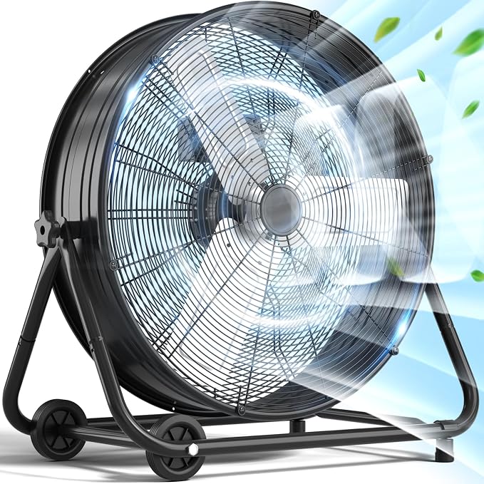 24 Inch Industrial Drum Fan, High Velocity Floor Fan, 3 Speed Heavy Duty Metal Air Circulator, 360° Tilt with Casters Handle